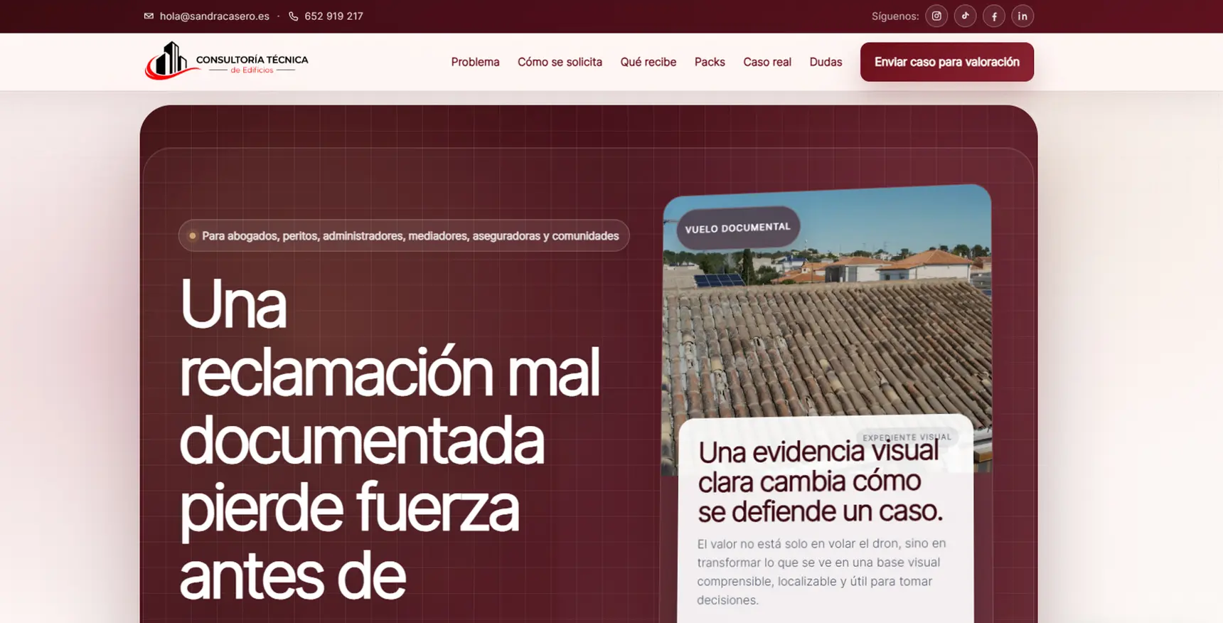 Captura de la landing Reclamaciones con dron